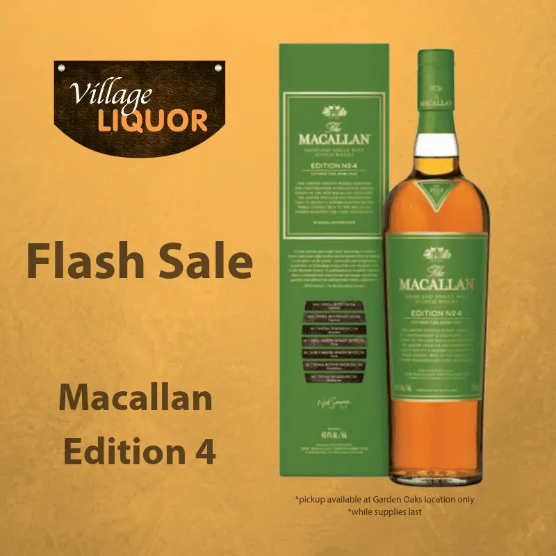 social media post for village liquor holding a flash sale of macallan edition 4 whiskey